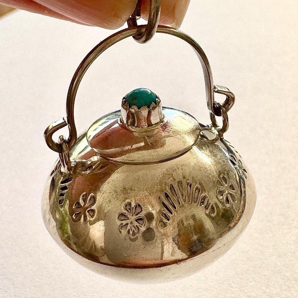 Navajo Turquoise Mini Dutch Oven Cooking Pan Pendant Signed WKW Charm 925 Bigger
